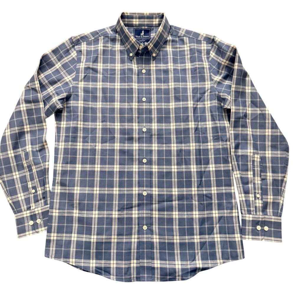 Wool & Prince Mens Blue Plaid Wool Linen Button Down Shirt Regular Fit Size M